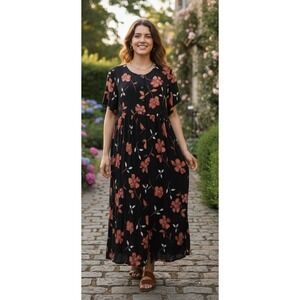 Victoria Moon Floral Maxi Dress Button Front Rayon Cottagecore Boho Black Size L